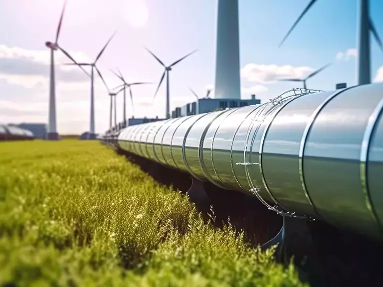 Hydrogen gas pipeline running toward renewable energy turbines