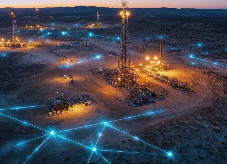 Oil drilling site illuminated at dusk with bright lights and connected network nodes showcasing modern technology in a remote desert area