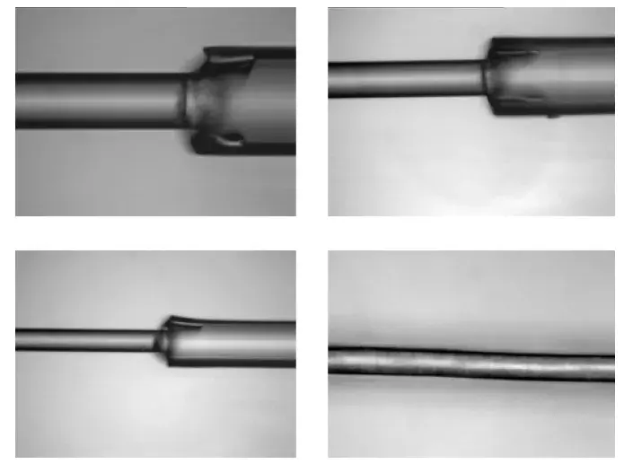 Microscope photos showing a 125μm cladding diameter fiber (top left), 80μm cladding diameter fiber (top right), 60μm cladding diameter fiber (bottom left) and a human hair bottom right
