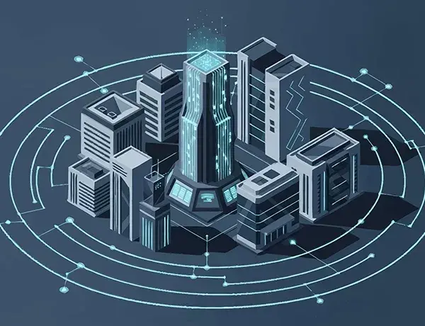 Futuristic cityscape with sleek skyscrapers and advanced technology integration