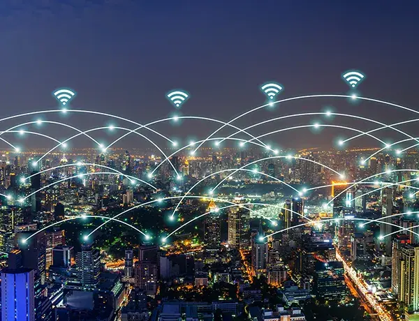 Beautiful panorama cityscape with wifi network and connection technology concept, internet globalization concept